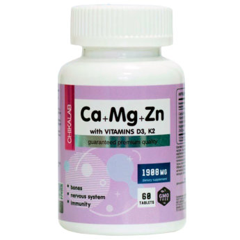 CHIKALAB Calcium Zinc Magnesium + D3 K2 (60 таблеток) Добавка помогает в профилактике ломкости ногтей, хрупкости суставов и костей, беспричинной усталости и слабости.  