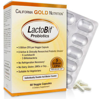 CALIFORNIA GOLD NUTRITION LactoBif Probiotic пробиотики 30 млрд КОЕ 60 вег капс Пробиотики Lactobif от California Gold Nutrition содержат 8 активных штаммов, прошедших клинические испытания (5 штаммов молочно-кислых бактерий и 3 штамма бифидобактерий), в которых используются только пробиотики FloraFIT® от Danisco®.