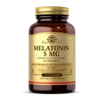 SOLGAR Melatonin 5мг (120 наггетов) Мелатонин Melatonin 5 mg от Solgar. Приём помогает расслабиться и лучше отдохнуть после интенсивных тренировок. Улучшает качество и глубину сна. 