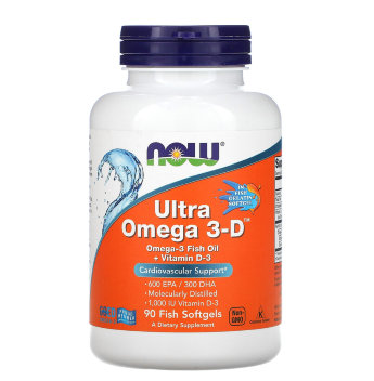 NOW Ultra Omega-3 D с витамином D-3 (90 софтгелей) NOW Ultra Omega 3-D — это наше самое мощное средство с омега-3, содержащее 600 мг ЭПК и 300 мг ДГК в каждой капсуле. Продукт содержит лимонное масло, а также 1000 МЕ витамина D3.