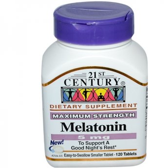 21ST CENTURY Melatonin 5 mg (120 таблеток) Мелатонин – гормон сна, вырабатывается ночью из аминокислоты триптофан. Дифицит мелатонина приводит к нарушению сна, снижению сексуальной активности, нарушению кровяного давления. С возрастом организм начинает вырабатывать все меньше и меньше мелатонина, из-за этого проявляются симптомы старения, перестают полноценно работать многие органы в нашем организме. Регулярный прием мелатонина обязателен для людей после 40 лет и людям с нарушениями режима сна. Поможет во время путешествий легче перенести смену часовых поясов.