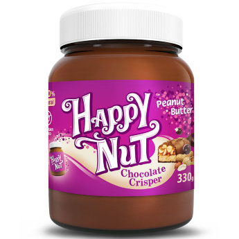HAPPYNUT NEW Арахисовая паста шоколадная с кусочками 330 г Шоколадная арахисовая паста Happy Nut с кусочками арахиса от компании Happy Life - 100% натуральный продукт без консервантов и без сахара.