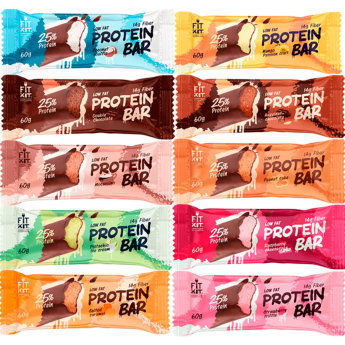 FIT KIT Protein Bar 60 г Мягкое и воздушное тело батончика покрыто протеиновой глазурью без сахара, как и всеми любимый PROTEIN CAKE.