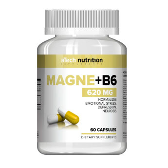 ATECH Magne + B6 620 мг (60 капсул) MAGNE+B6 - сбалансированный комплекс для восполнения недостатка магния. Успокаивает и снимает тревогу за счет увеличения выработки гамма-аминомасляной кислоты, которая оказывает благоприятное влияние на нервную систему. Борется с депрессией и улучшает настроение.
