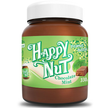 HAPPYNUT NEW Арахисовая паста шоколадная с мятой 330 г Арахисовая паста Happy Nut с шоколадом и мятой от компании Happy Life - 100% натуральный продукт без консервантов и без сахара.