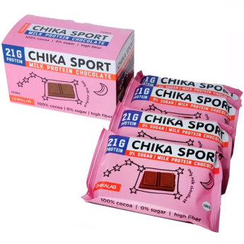 CHIKALAB Шоколад Молочный 100 г (коробка 4шт) Сахара в шоколаде CHIKALAB нет. Вместо него в продукции в качестве подсластителя используются кукурузное волокно и сукралоза. Кукурузное волокно – это пищевое волокно - сладкая клетчатка, которая укрепляет кости.