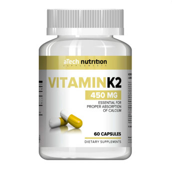 ATECH Vitamin K2 450 мг (60 капсул) VITAMIN K2 - относится к активным нутриентам, крайне необходимый в процессах метаболизма. Он выступает как источник энергии, роста и активный участник обменных процессов, важный компонент для сворачиваемости крови. Участвует в процессах усвоения и связывания кальция, поэтому без него невозможно формирование костной ткани.