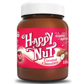 HAPPYNUT NEW Арахисовая паста шоколадная с кокосом 330 г Шоколадная арахисовая паста Happy Nut с кокосом от компании Happy Life - 100% натуральный продукт без консервантов и без сахара.