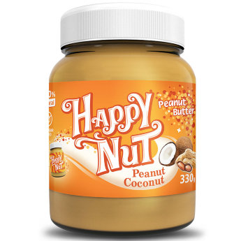 HAPPYNUT NEW Арахисовая паста с кокосом 330 г Арахисовая паста Happy Nut с кокосом от компании Happy Life - 100% натуральный продукт без консервантов и без сахара.