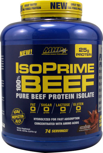 MHP IsoPrime 5lb (2кг) IsoPrime 100% Beef получен из говядины, прошедшей проверку в USDA (Департамент сельского хозяйства США) и не содержит ГМО, рБСТ(рекомбинантный бычий соматотропин) и гормоны. Это 100% изолят говяжьего белка.

Эта анаболическая, быстроусвояемая протеиновая добавка имеет также великолепный вкус. ИзоПрайм 100% Биф использует передовую вкусовую систему собственной разработки TasteTech™, чтобы обеспечить лучшие в своем классе шоколадный и ванильно-карамельный вкусы.

Насыщенный аминокислотами.

IsoPrime 100% BEEF насыщен аминокислотами для мышечного роста. Департамент сельского хозяйства США исследовал чистую говядину, и подтвердил естественно высокий уровень ВСАА и других крайне необходимых аминокислот.