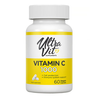 ULTRAVIT Vitamin C 1000 (60 вегкапсул) Витамин С является необходимым водорастворимым витамином, который играет важную роль в работе иммунной системы, помогает снизить усталость и утомление, защищает от стресса.