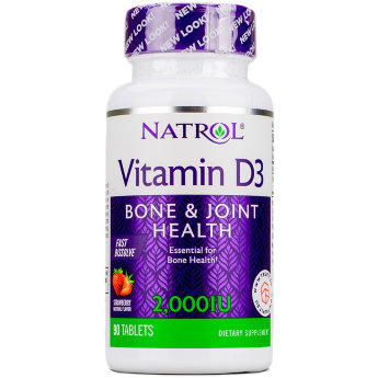 NATROL D-3 2000 ME Fast Disolve Клубника (90 таблеток) Cостав Vitamin D3 2000 ME от Natrol характеризуется содержанием натуральной формы витамина Д – холекальциферола, или витамина Д3, который полезен не только для костей и зубов, но и играет значимую роль в росте клеток во всем организме. 