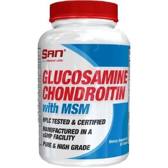 SAN Glucosamine Chondroitin MSM (90 таблеток) Препарат является сбалансированным средством, которое включает в себя вещества, оказывающие восстановительное действие на хрящевую систему организма.