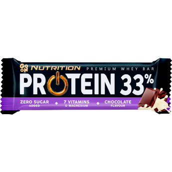 GO ON Protein Bar 33% 50 г Протеиновые батончики Protein Bar 33% от GO ON – это не просто источник качественного белка. В каждом таком батончике содержится порция витаминов, магний и клетчатка. На один батончик весом 50 г приходится 15 г белка, а именно сывороточного концентрата и молочного изолята.