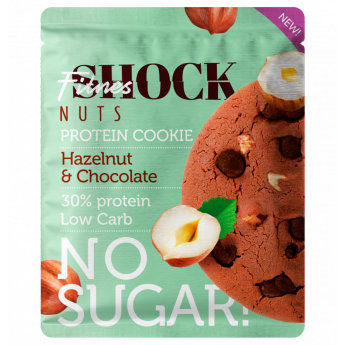 FITNESSHOCK Печенье Nuts 40 г Ароматное протеиновое печенье, плотной текстуры, с каплями шоколада без сахара и цельным орехом.