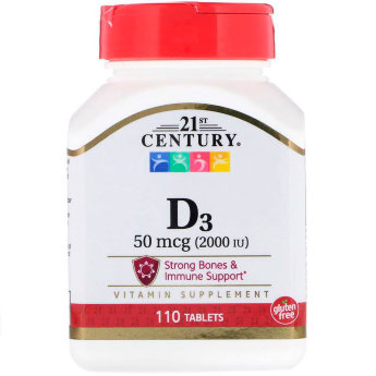 21ST CENTURY Vitamin D-3 2000 ME (110 таблеток) Витамин D3 необходим для усвоения кальция и является незаменимой добавкой, обеспечивающей здоровье костей, зубов и иммунной системы. Витамин D3 также поддерживает здоровье молочной железы и толстой кишки.