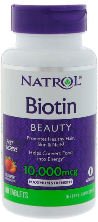 NATROL Biotin 10000 мкг (60 таблеток) Улучшает здоровье волос, кожи и ногтей
Способствует преобразованию пищи в энергию
Вегетарианский продукт