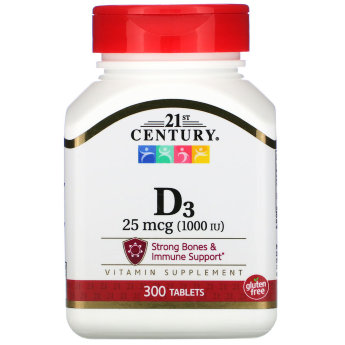 21ST CENTURY Vitamin D-3 1000 ME (300 таблеток) Витамин D3 необходим для усвоения кальция и является незаменимой добавкой, обеспечивающей здоровье костей, зубов и иммунной системы. Витамин D3 также поддерживает здоровье молочной железы и толстой кишки.