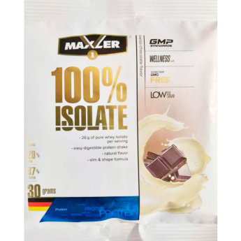 MAXLER EU 100% Isolate (1 порция) 30 г 100% Isolate – это высококачественный источник белка, который характеризуется низким содержанием жиров и сахара и высоким содержанием аминокислот (включая BCAA). Продукт производится из лучшего молока от коров на свободном выпасе, обладает отличной смешиваемостью и удивительным натуральным вкусом.