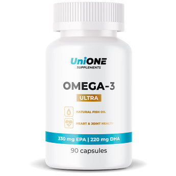 UniONE Ultra Omega-3 60% + Vit E 1360мг 90 капсул Omega-3 от UniOne — источник жирных кислот, которые необходимы нашему организму для нормальной работы нервной, сердечно-сосудистой систем, а также поддержания здоровья опорно-двигательного аппарата.