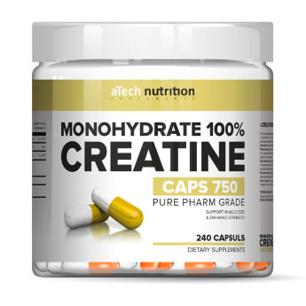 ATECH Creatine Monohydrate 750 мг (240 капсул) Креатин Моногидрат 100% aTech Nutrition с транспортной системой, который влияет на значительное увеличение силы и выносливости и, как следствие, на рост мышечной массы.
