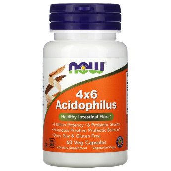 NOW 4x6 Acidophilus (60 вегкапсул) NOW 4x6 Acidophilus (60 вегкапсул) - мощная добавка для поддержания здорового уровня полезных бактерий в пищеварительном тракте. Состоит из 6 пробиотических штаммов, регулярное потребление которых помогает в поддержании здоровой кишечной микрофлоры. 