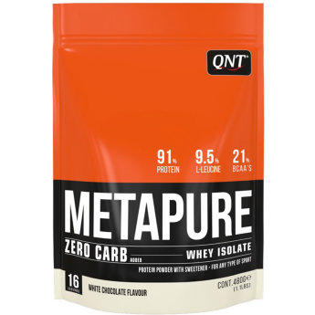 QNT Metapure Zero Carb 480 г Metapure Zero Carb от QNT может стать для вас ценным помощником в период сушки. Как источник ультрафильтрованного сывороточного изолята он быстро включится в наращивание мышечной массы. Он мгновенно усваивается и, как следствие, быстро восполняет потребности мышц в аминокислотах. В нем нет углеводов, а доля лактозы очень низкая, поэтому даже людям с ее непереносимостью можно его использовать.