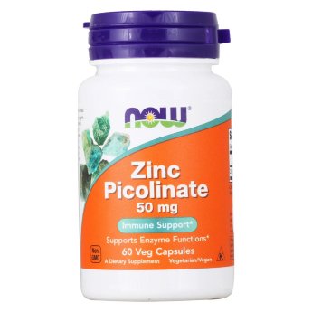 NOW Zinc Picolinate 50 мг (60 вегкапсул) Zinc Picolinate от NOW - биологически активная добавка, основой которой является цинк пиколинат. Эта особая форма цинка получается в результате его объединения с пиколиновой кислотой, благодаря чему минерал лучше усваивается организмом. 