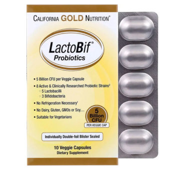 CALIFORNIA GOLD NUTRITION LactoBif Probiotic пробиотики 5 млрд КОЕ 10 вег капс Пробиотики Lactobif от California Gold Nutrition содержат 8 активных штаммов, прошедших клинические испытания (5 штаммов молочно-кислых бактерий и 3 штамма бифидобактерий), в которых используются только пробиотики FloraFIT® от Danisco®.