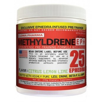 CLOMA PHARMA Methyldrene EPH (45 порций) Methyldrene EPH - это первый предтренировочный комплекс на эфедре. Methyldrene EPH значительно увеличивает выносливость, предотвращает катаболизм, расщепляет жировые отложения, улучшает оксидацию жиров и увеличивает концентрацию. Все компоненты в составе Methyldrene EPH обладают доказанной эффективностью. Если вы хотите что бы ваши тренировки проходили во взрывном режиме, а жировые отложения сгорали, Methyldrene EPH поможет вам достигнуть своей цели.