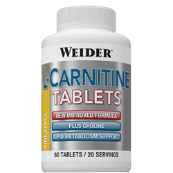 WEIDER L-carnitine tabs (60 жевательных таблеток) L-карнитин в жевательных таблетках со вкусом ананаса. L-карнитин - соединение из двух аминокислот -лизина и метионина. Мы каждый день употребляем его с пищей! Его широко применяют в медицине, используют как добавку к питанию. L-карнитин снижает уровень холестерина в крови, способствует усиленному жировому обмену при аэробных нагрузках (бег, плавание и прочие дыхательные упражнения). Спектр его полезных эффектов для организма очень широк, но в области здорового питания L-карнитин нашел применение как серьезный и главное безопасный помощник в избавлении от лишнего веса!