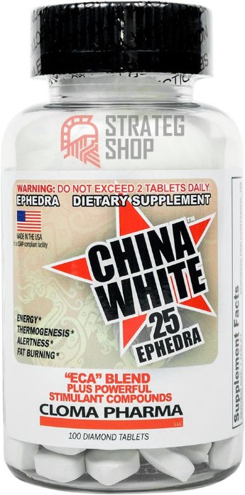CLOMA PHARMA China White (100 капсул) Сhina White  – это новинка от компании Cloma Pharma , один из самых мощных и быстро действующих жиросжигателей на основе экстракта Хвойника (лат. Ephedra). Мало того, он так же содержит самые сильные и популярные ингредиенты для борьбы с жиром.

Главными составляющими Сhina White являются три компонента: екстракт ефедры, кофеин и аспирин. Высокое качество и правильная пропорция этих веществ, позволит вам почувствовать быстрый эффект и сжигание жира уже после первых приемом добавки.Также в состав жиросжигателя China White 25 входят витамины В6, В12, йохимбин и синефрин, которые подавляют аппетит, улучшают производительность, а за счет  женьшеня вы не чувствуете усталости и повышается энергетический тонус.

Сhina White является чрезвычайно мощной добавкой, которая предназначена для мужчин и женщин стремящихся получить наиболее качественный и быстрый результат. Всего одна порция Сhina White перед тренировкой увеличит вашу энергию и выносливость до максимального уровня,  а переведет организм в  термогенное состояние,  жир будет просто таять на ваших глазах с легкостью.