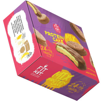 FIT KIT Protein Cake в шоколадной глазури 70 г (24шт коробка) Протеиновое печенье Fit Kit - это печенье + суфле и все это покрыто протеиновой глазурью, без добавления сахара.