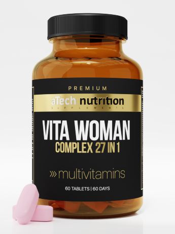 ATECH PREMIUM Vita-Woman (60 капсул) ATECH PREMIUM Vita-Woman разработан специально под потребности женского организма для здоровой и насыщенной жизни. Содержит оптимальную дозировку витаминов и минералов для поддержания тонуса и хорошего самочувствия.