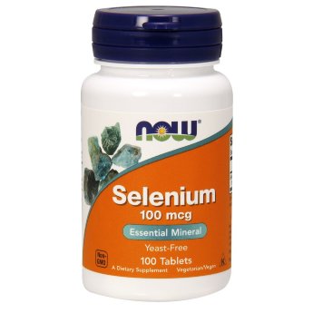 NOW Selenium 100 мкг Yeast Free (100 таблеток) Selenium от NOW представляет собой добавку с незаменимым минералом — селеном, который помогает поддерживать нормальное состояние кожи и волос, способствует нормализации функции щитовидной железы. 