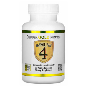 CALIFORNIA GOLD NUTRITION Immune 4 (60 вегкапсул) Immune4 от California Gold Nutrition помогает защитить ваш организм, обеспечивая дополнительную поддержку иммунной системы. Добавка содержит клинически исследованные витамины и минералы, которые способствуют укреплению иммунитета.