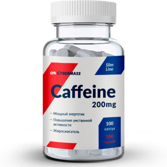 CYBERMASS Caffeine Кофеин 200мг (100 капсул) Кофеин широко известен своей способностью повышать энергию, подавлять аппетит, стимулировать термогенезис (жиросжигание), снижать содержание жидкости в организме и повышать силы.
