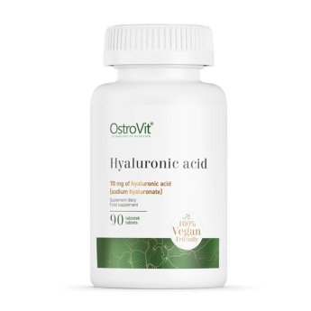 OSTROVIT Hyaluronic Acid 70 мг Vegan 90 таблеток OstroVit Hyaluronic Acid  - это биологически активная добавка в таблетках, которая дополняет диету гиалуроновой кислотой. Он действует как смягчающий и наполняющий агент в межклеточных пространствах всех млекопитающих. Смягчает суставы, увлажняет кожу и волосы.