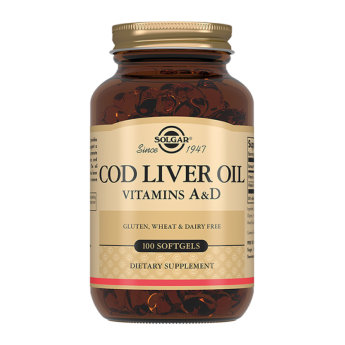 SOLGAR Cod Liver Oil with Vitamin A &amp; D (100 софтгелей) ​Cod Liver Oil Vitamins A & D от компании Solgar обеспечивает организм витаминами A и D. Поддерживает здоровье кожи, волос и зрения. Повышает иммунитет.