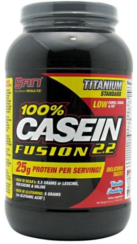 SAN Casein Fusion 2,2 lb (1кг) 100% Casein Fusion - протеин специально разработанный для приёма на ночь. Продукт усилен 5,5гр незаменимых аминокислот (лейцин, изолейцин и валин) и  5грамм глютамина. Казеин незаменим для ночного восстановления, ведь ваш организм во время сна находиться без пищи в течении 6-8 часов.