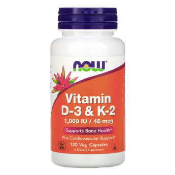 NOW D-3 + K-2 1000 (120 вегкапсул) ​NOW Vitamin D-3 & K-2 сочетает в себе два питательных вещества, которые широко исследованы на предмет их вклада в здоровье костей, зубов и сердечно-сосудистой системы. 