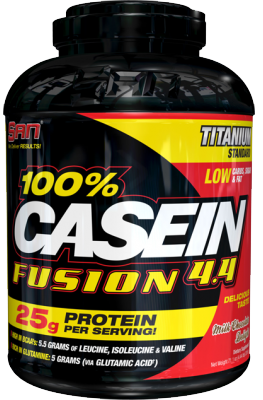 SAN Casein Fusion 4,4 lb (2кг) 100% Casein Fusion - протеин специально разработанный для приёма на ночь. Продукт усилен 5,5гр незаменимых аминокислот (лейцин, изолейцин и валин) и  5грамм глютамина. Казеин незаменим для ночного восстановления, ведь ваш организм во время сна находиться без пищи в течении 6-8 часов.