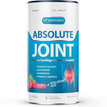 VP LAB Absolute Joint 400 г bsolute Joint – это уникальная пищевая добавка биоактивным коллагеном, глюкозамином, хондроитином и гиалуроновой кислотой. Содержит все активные компоненты, необходимые для профилактики и лечения заболеваний суставов и опорно-двигательного аппарата. Absolute Joint также богат витаминами и минералами, усиливающими положительное влияние на суставы. Отлично усваивается и обладает потрясающим вкусом малины.