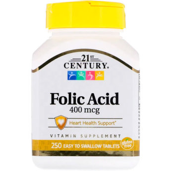 21ST CENTURY Folic Acid 400mcg (250 капсул) Фолиевая кислота влияет на обменные процессы организма человека. Дефицит вещества приводит к ряду негативных процессов, способных заметно ухудшить самочувствие человека.