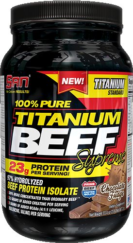SAN Titanium Beef Supreme 2lb (1кг) SAN Titanium Beef Supreme – это источник ультра-концентрированного и чистого (97%) гидролизованного изолята говяжьего белка.Известно, что гидролизованный изолят говяжьего белка является одним из самых высокобелковых источников в мире. Другое преимущество потребления говядины, это, конечно же, её природная насыщенность креатином.

SAN Titanium Beef Supreme содержит колоссальные 2,5 грамма дополнительного креатина моногидрата на порцию, что обеспечит насыщение Ваших голодающих мышц. SAN Titanium Beef Supreme прошёл специальную обработку по удалению из него большей части жира и холестерина, в результате чего получилась бесподобная смесь гидролизованного говяжьего белка, восхитительного по вкусу. Каждая мерная ложка содержит 2 грамма собственной смеси компании SAN BCAA Pro Reloaded – водорастворимой матрицы BCAA в превосходном соотношении 4:1:1.