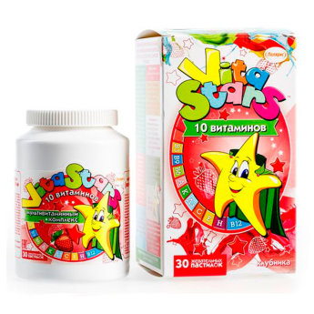 VITASTARS Детские мультивитамины со вкусом клубники (30 пастилок) Мультивитаминный комплекс Vita Stars 10 витаминов - это сбалансированное соотношение витаминов для заботы о здоровье вашего ребенка!