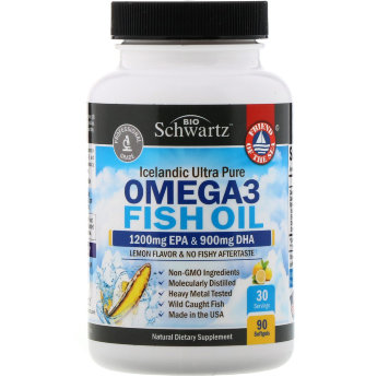 BioSchwartz Omega 3 Fish Oil 75% 90 гелькапсул со вкусом лимона Omega 3 Fish Oil от Bio Schwartz - рыбий жир со вкусом лимона, изготавливается исключительно из рыбы, пойманной в дикой природе в чистых водах Исландии. Каждый ингредиент BioSchwartz Omega-3 был тщательно отобран командой врачей для достижения максимальной эффективности.