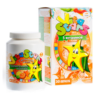 VITASTARS Детский комплекс витаминов B со вкусом цитруса (30 пастилок) Мультивитаминный комплекс «VitaStars» - это сбалансированное соотношение витаминов для заботы о здоровье Вашего ребенка!