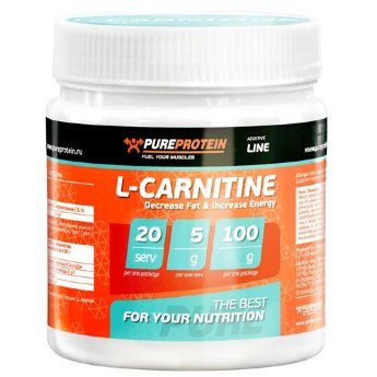 PureProtein L-Carnitine (100гр) L-карнитин - витаминоподобное вещество, естественный, присутствующий в организме человека ускоритель расщепления жиров и стимулятор сердечной деятельности