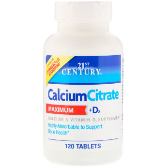 21ST CENTURY Calcium Citrate + D3 (120 таблеток) Цитрат кальция - это высокоусваиваемая форма кальция, важнейшего минерала, поддерживающего здоровье костей. Кальций также поддерживает работу мышечной и нервной систем. Витамин D3 добавлен для помощи в усвоении кальция и поддержки здоровой работы иммунной системы.